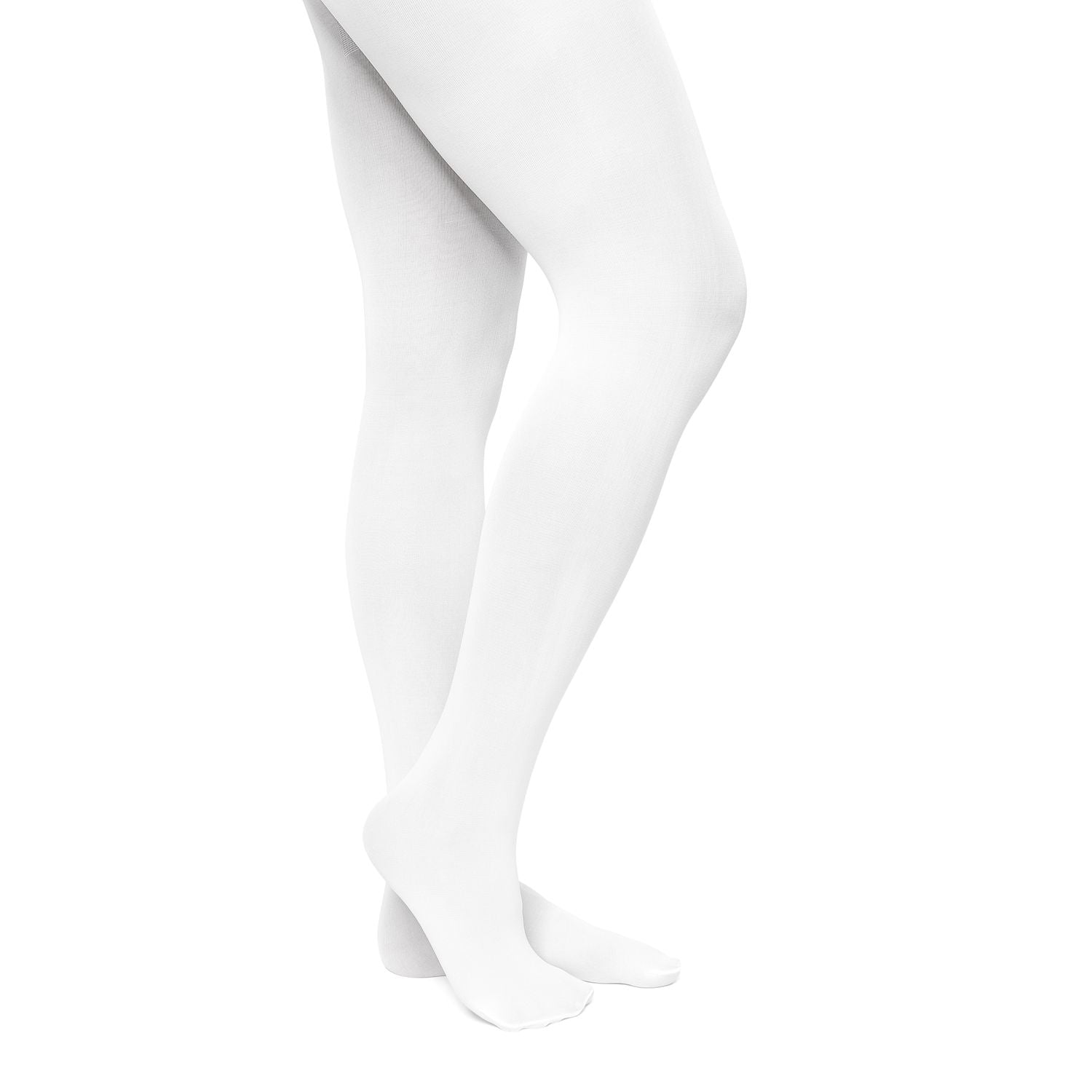 Person, die Rumpfs 108 Economy Ballettstrumpfhose in Weiss trägt und Beine und Füße vor einem weißen Hintergrund präsentiert.